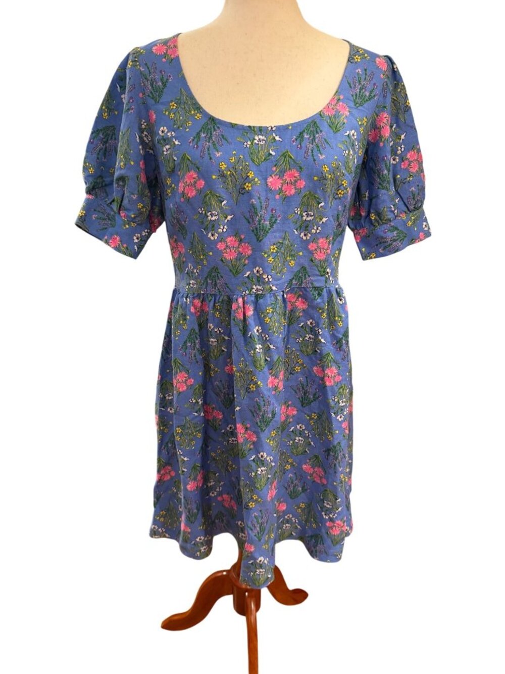 LOFT Floral Dress Size 2 Blue Pink Puff Sleeve‎ Fit & Flare Cottagecore NWT